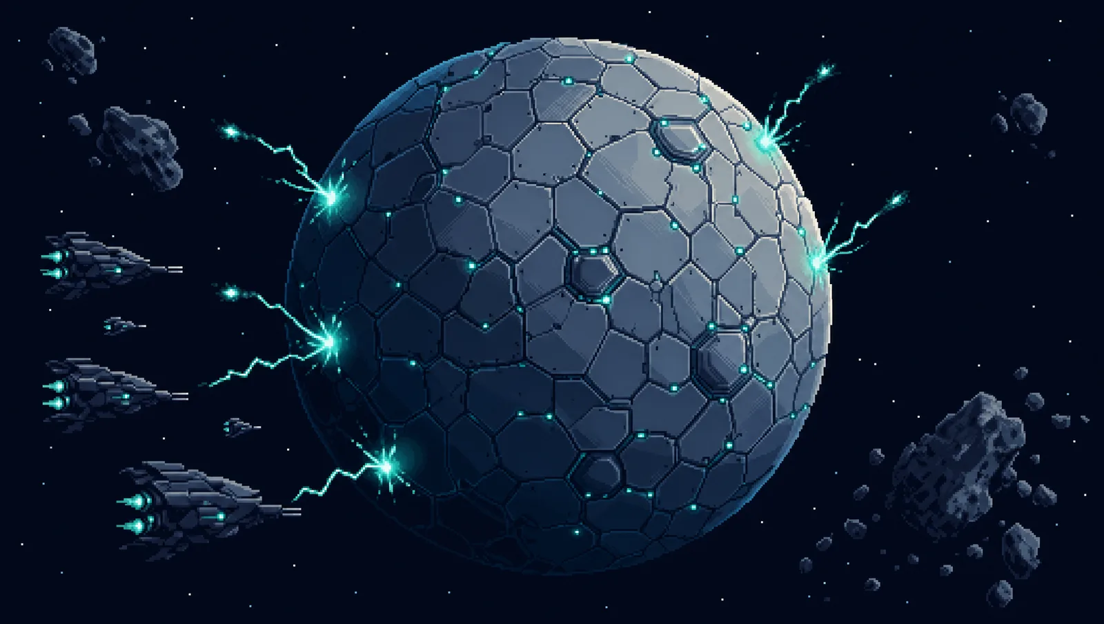 Pixel-art panorama of an armored planet with sealed facet plates, hostile bolts bouncing off the plating