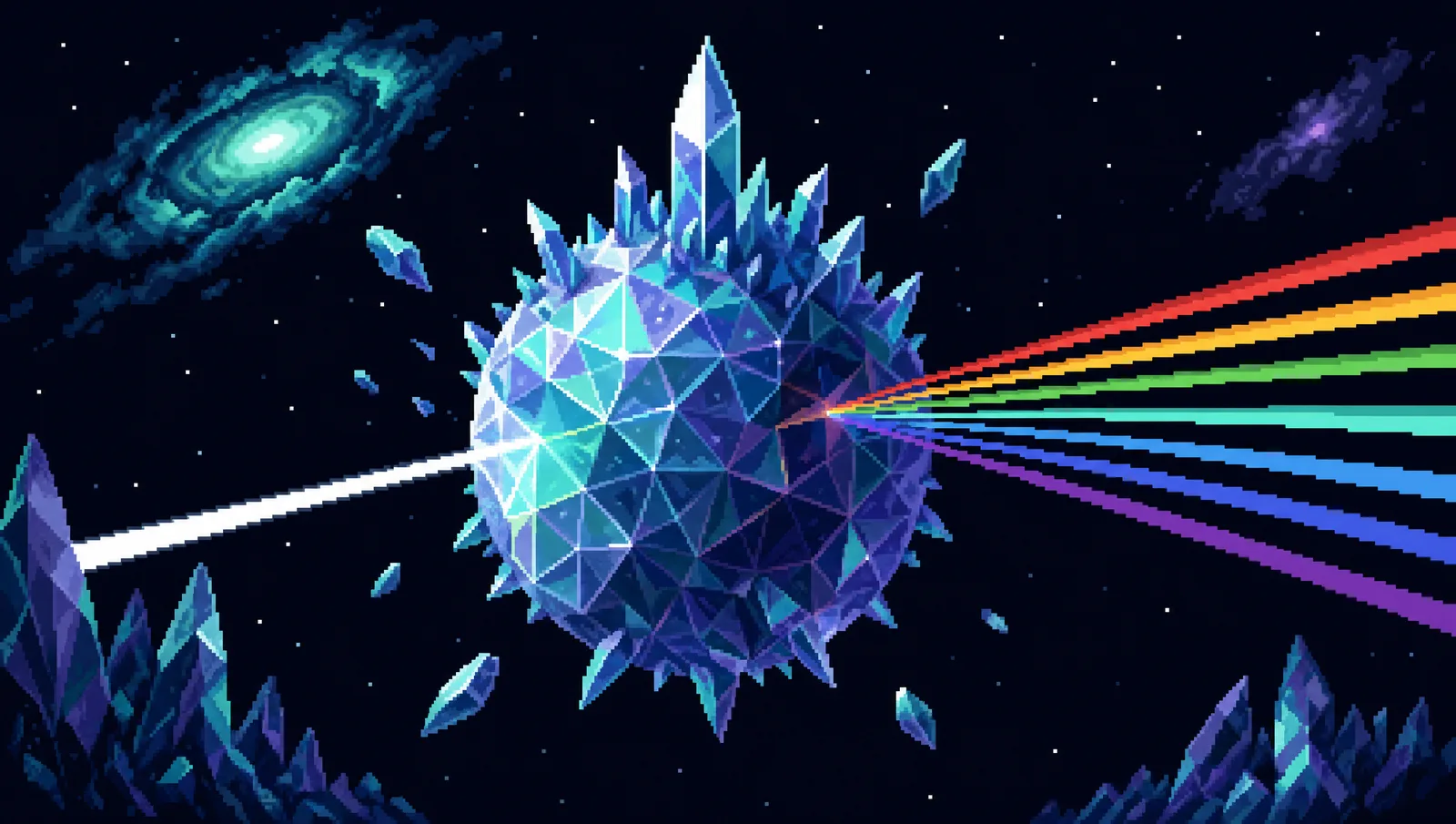Pixel-art panorama of a crystalline prism planet refracting a beam of light into several new colored beams