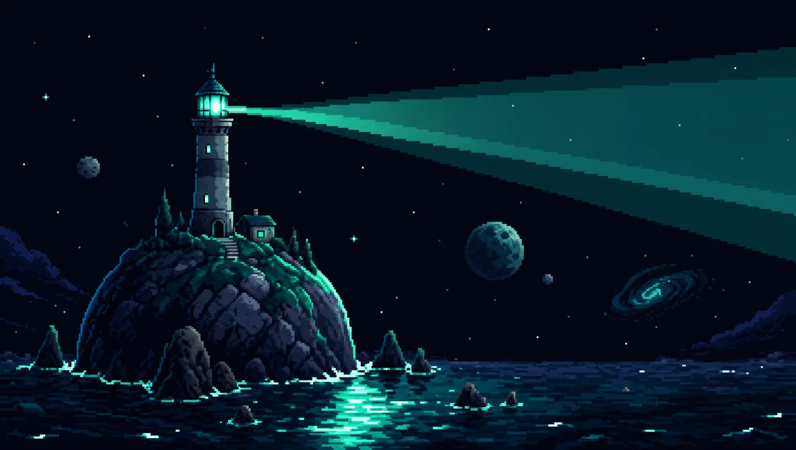 Pixel-art panorama of a lighthouse planet sweeping a wide teal beam across a dark pixel sea