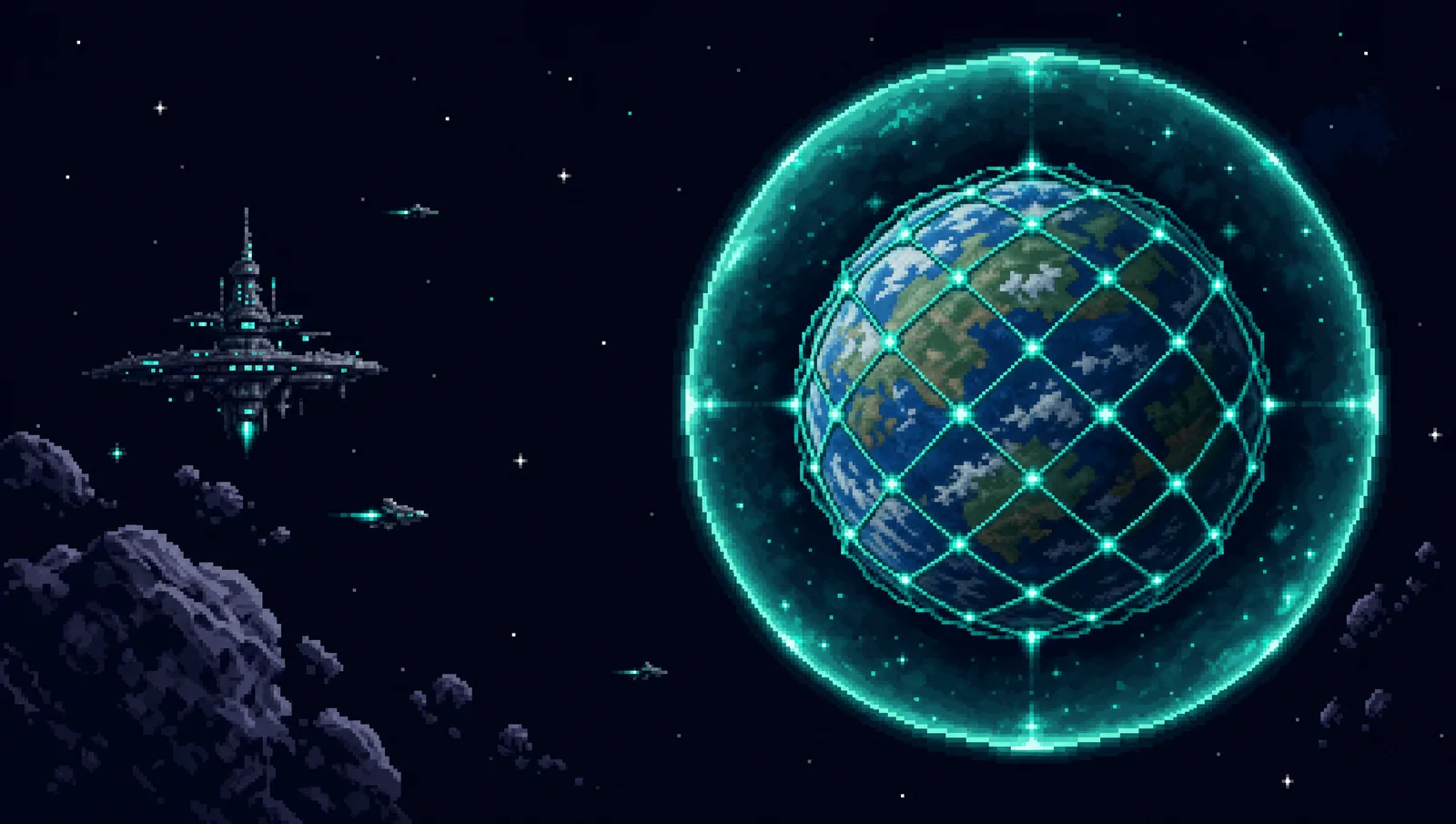 Pixel-art panorama of a net-lattice planet enclosed inside a glowing translucent shield bubble