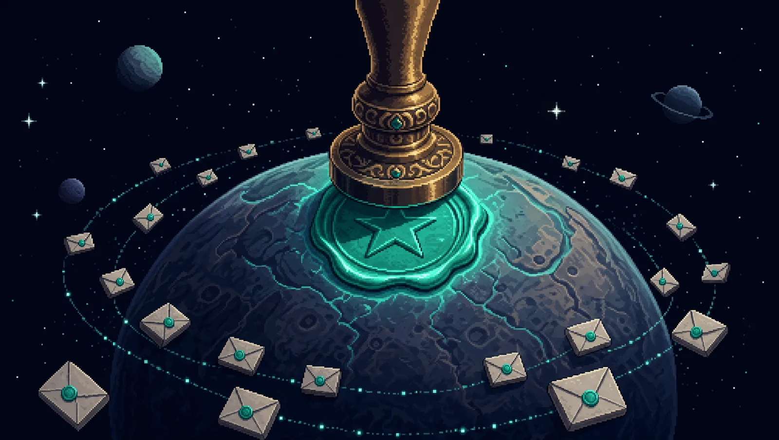 Pixel-art panorama of a wax-seal planet: a giant stamp pressing a glowing teal seal, sealed letters in orbit