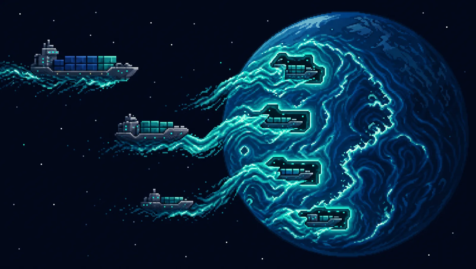 Pixel-art panorama of a deep water world whose living waves reshape cargo ships to fit glowing dock slots