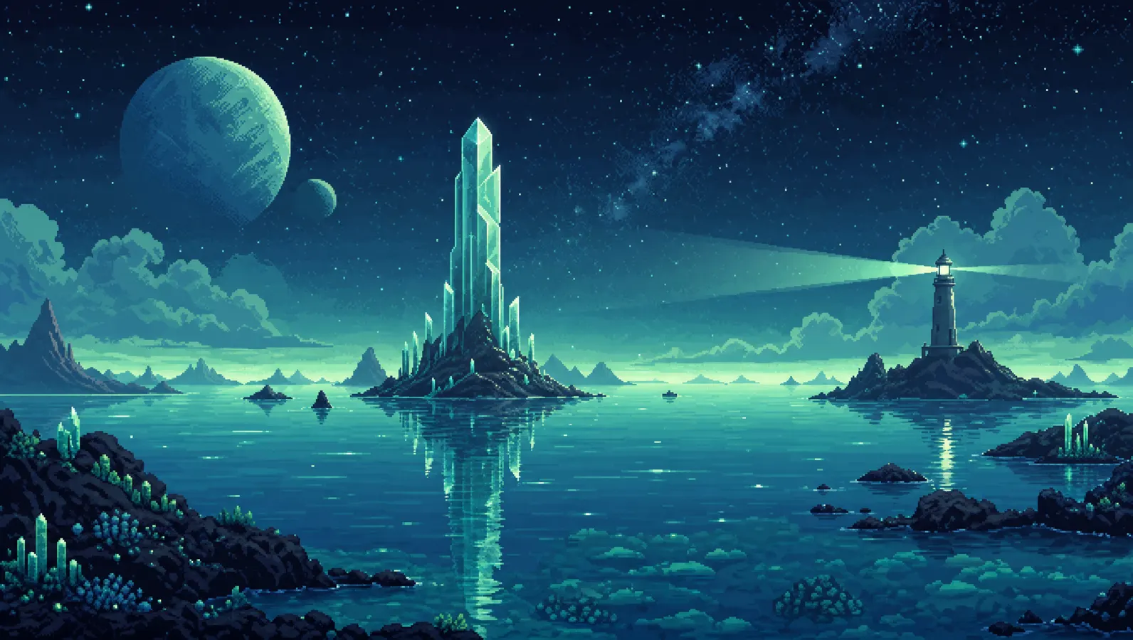 Pixel-art panorama of the Aegis ocean world and lighthouse