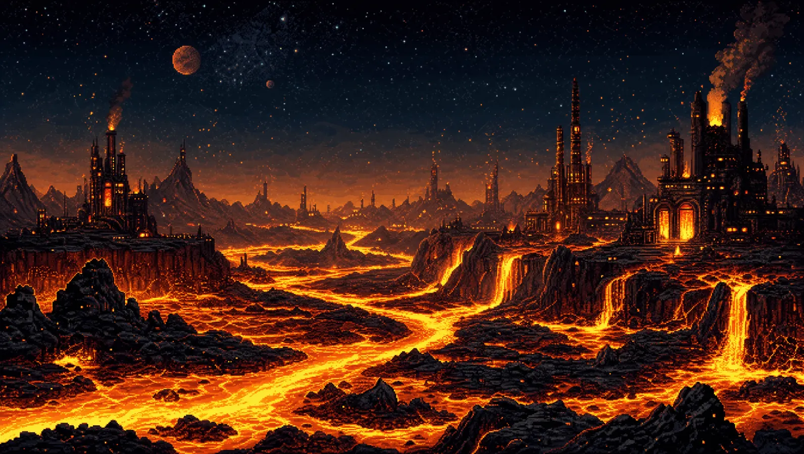 Pixel-art panorama of the molten forge surface