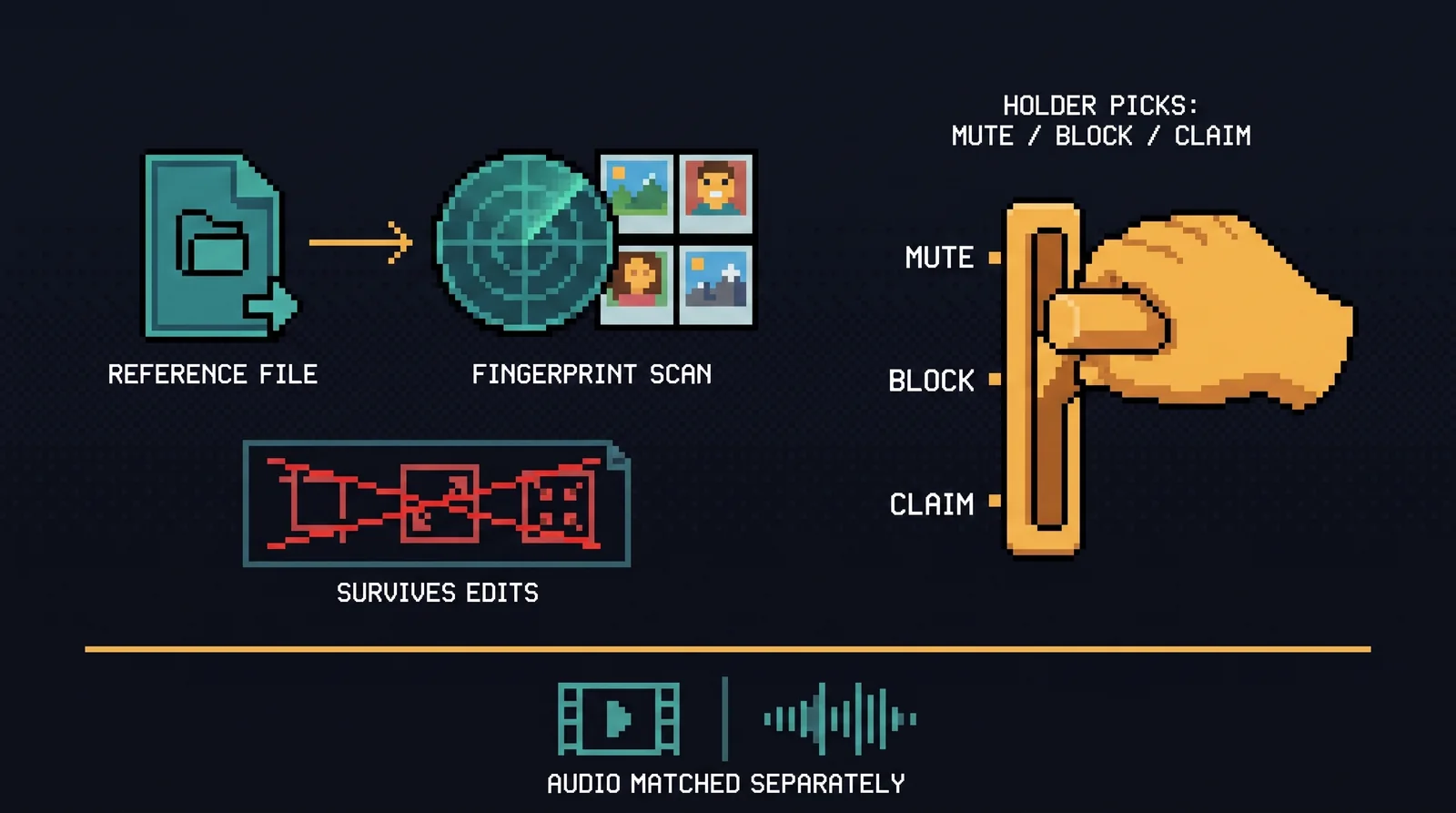 Infographic: a reference file feeding a fingerprint scanner sweeping uploaded images, edits crossed out as survivable, the rights holder's lever choosing mute, block or claim, and audio matched separately from video