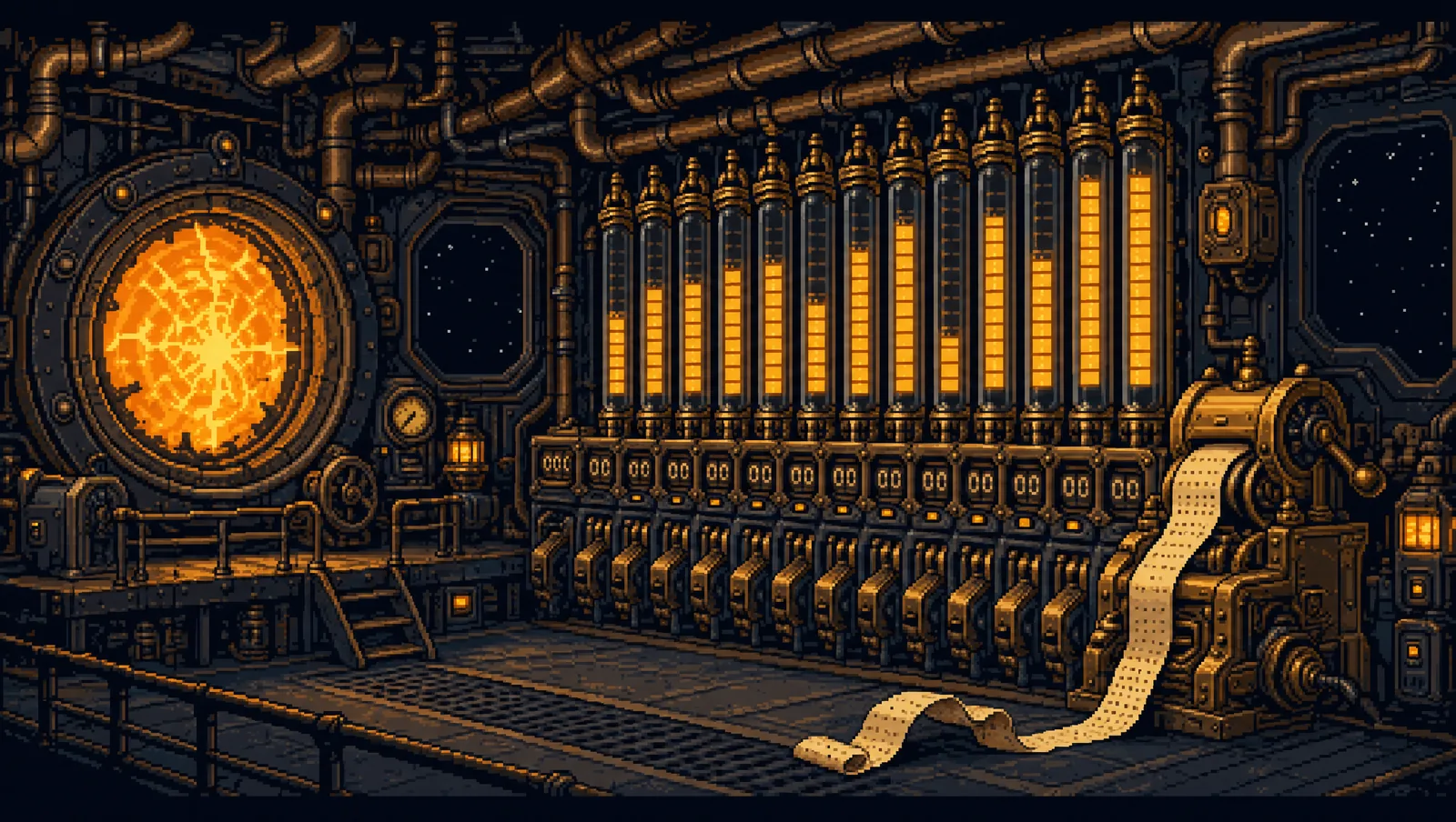 Pixel-art panorama of an engine room wall of glowing amber meters and a spooling ticker tape