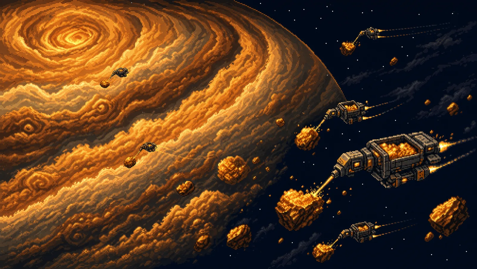 Pixel-art panorama of mining drones harvesting glowing ore from an amber gas nebula