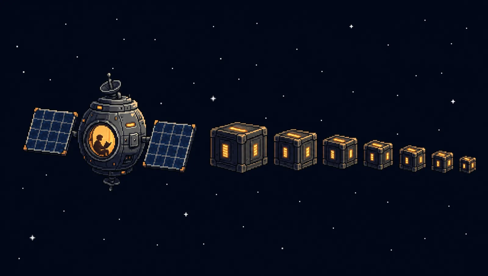 Pixel-art panorama of a small satellite with a lit window, a queue of glowing crates waiting behind it