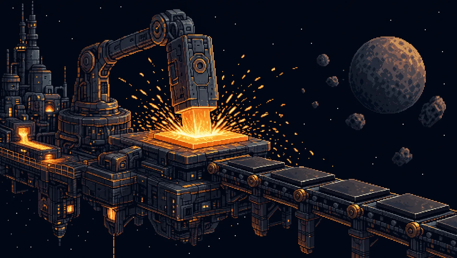 Pixel-art panorama of an orbital foundry hammer striking a molten sheet, sparks arcing